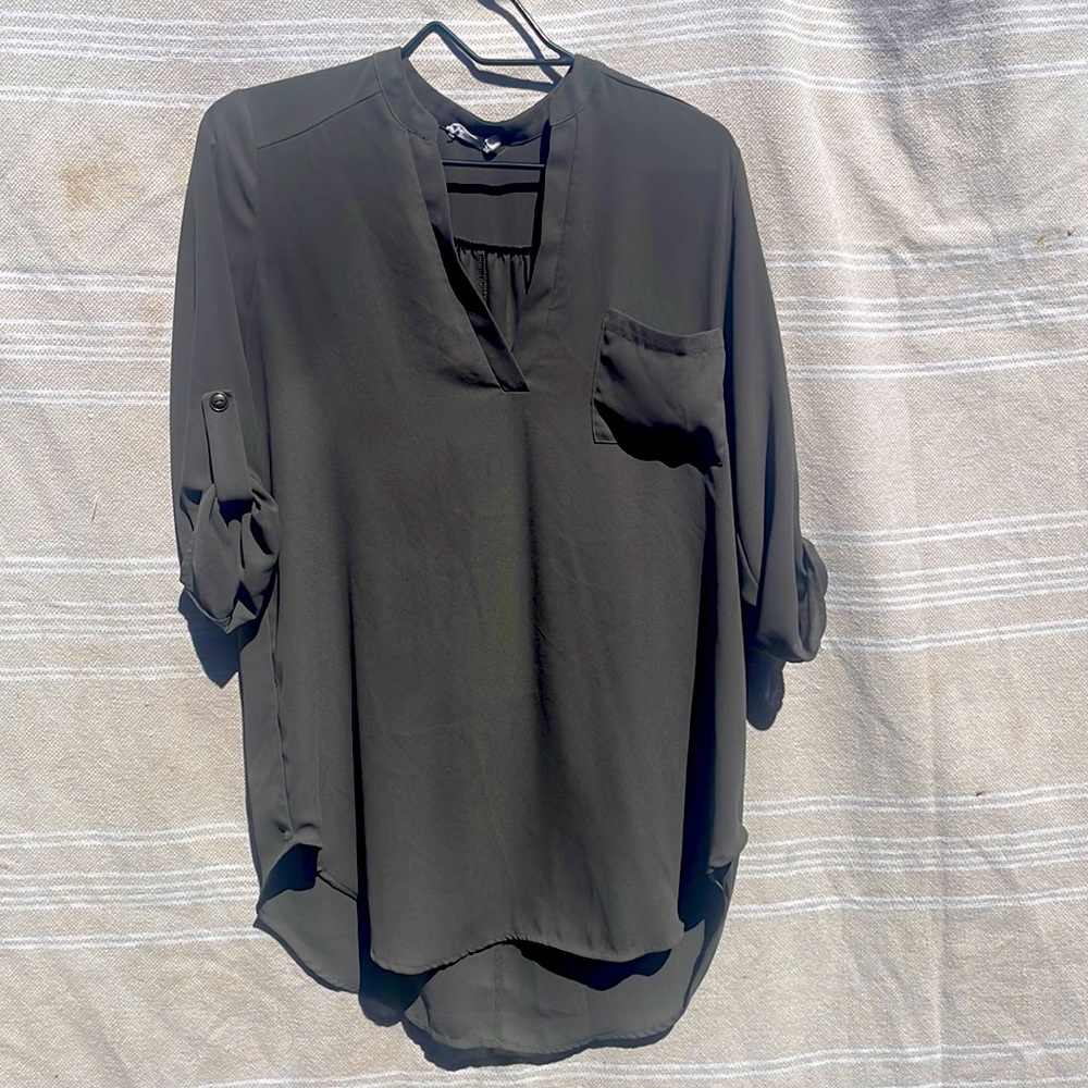Green, long, sheer business casual blouse